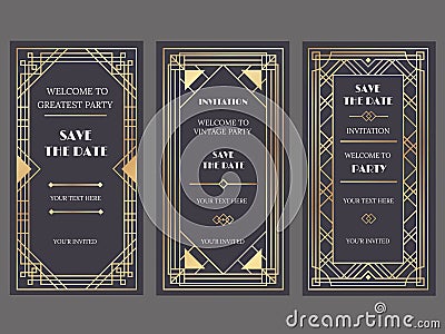 Art deco art banner. Fancy party event invitation, glamour golden retro vogue pattern and gold frames vector banners Vector Illustration