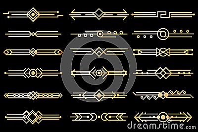 Art deco borders. Gold deco design dividers, book header ornament patterns. 1920s and 30s vintage luxury elements Vector Illustration