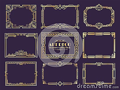 Art deco borders. 1920s golden frames, nouveau fancy decorative elements for vintage posters. Vector art deco ornament Vector Illustration