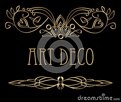 Art deco calligraphic golden design elements, curly patterns with 3d effect Vector Illustration