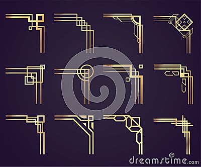 Art deco corner set.Creative template in style of 1920s for borders and frames. Vector illustration Cartoon Illustration