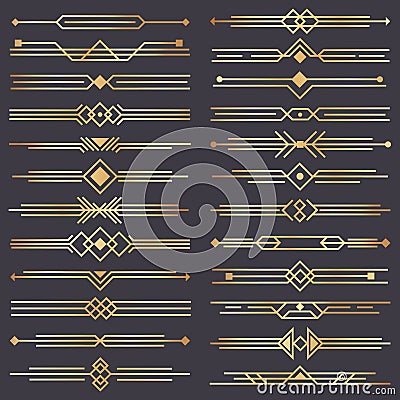 Art deco divider. Gold retro arts border, 1920s decorative ornaments and golden dividers borders vector design set Vector Illustration