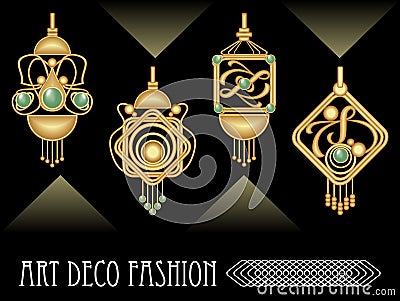 Art deco earrings collection, luxury golden jewel in art nouveau style Vector Illustration