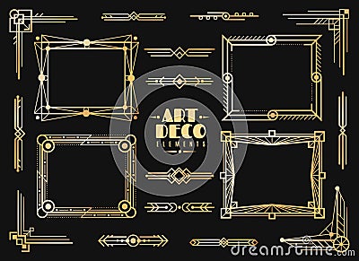 Art deco elements. Gold wedding deco frame border, classic dividers and corners. 1920s retro luxury art golden abstract Vector Illustration