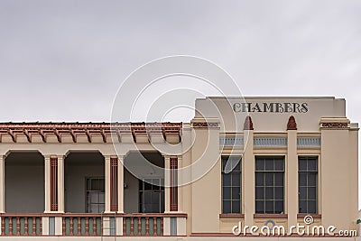 Art Deco facade of hotel in Napier, New Zealand. Editorial Stock Photo