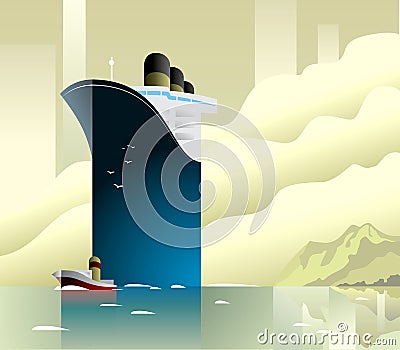 Art deco ferry ship and boat vector illustration. Vector Illustration