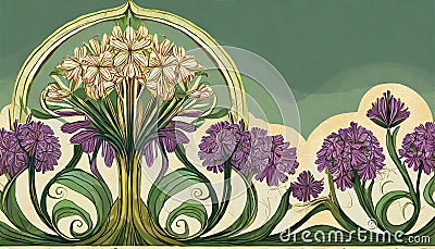 Art Deco Floral Allium Flower Border Stock Photo