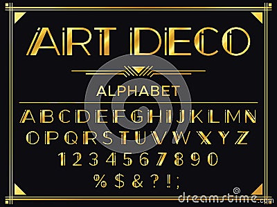 Art deco font. Golden 1920s decorative letters, vintage fashion typography and old gold alphabet vector set Vector Illustration