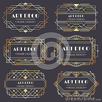 Art deco frame. Antique golden label, luxury gold business card letter title and vintage ornaments frames design vector Vector Illustration