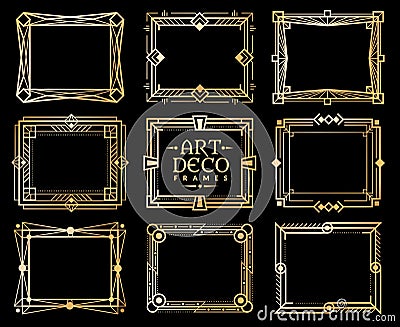 Art deco frames. Gold gatsby deco frame border, golden romantic invitation line pattern. 1920s retro luxury art design Vector Illustration