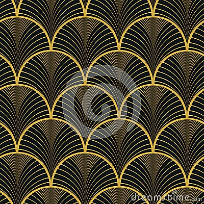 Art deco golden fans on black background seamless pattern. Vector Illustration