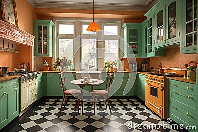 Art Deco historic kitchen with bright, eye-catching appliances and retro furniture. Stock Photo