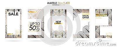 Art deco Instagram stories template pack with luxury trendy marble texture, can use for sale banner, photo, mobile app, website, Vector Illustration