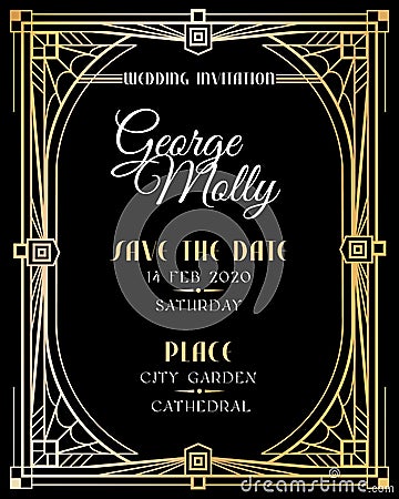 Art deco invitation. Wedding art deco card with gold frame border, classic 1920s retro style luxury art. Golden abstract Vector Illustration