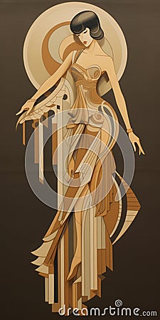 Art Deco Khaki Paper Illustration Poster With Futurist Sculpture Style Cartoon Illustration