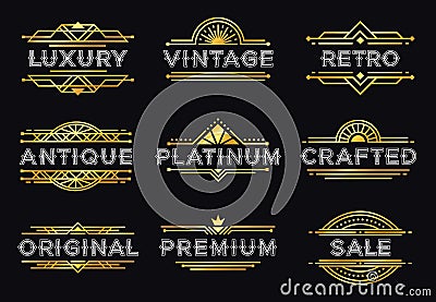 Art deco label. Retro luxury geometric ornaments, vintage ornament frame and hipster decorative lines labels vector Vector Illustration