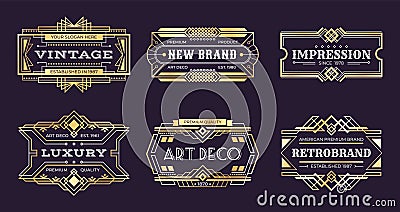 Art deco labels. Vintage ornamental logos, 1920s vintage golden badge, nouveau decorative banners. Vector art deco Vector Illustration