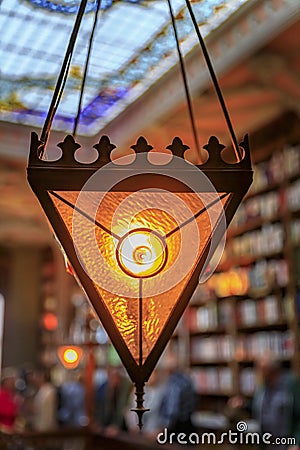 Art deco light fixture at Livraria Lello and Irmao bookshop in Porto, Portugal Stock Photo