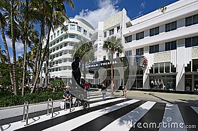 Art Deco Lincoln Theatre on Lincoln Road Mall in Miami Beach, Florida on clear cloudless morning. Editorial Stock Photo