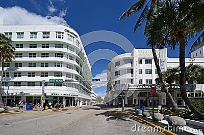 Art Deco Lincoln Theatre on Lincoln Road Mall in Miami Beach, Florida on clear cloudless morning. Editorial Stock Photo