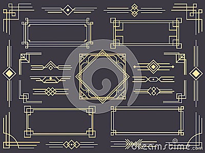 Art deco line border. Modern arabic gold frames, decorative lines borders and geometric golden label frame vector design Vector Illustration