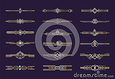 Art deco ornament. 1920s vintage gold borders and dividers, retro header graphic elements, nouveau vector geometric Vector Illustration