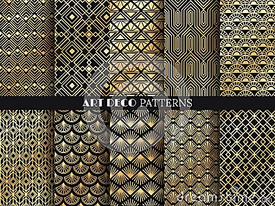 Art deco pattern. Golden minimalism lines, vintage geometric arts and deco line ornate seamless patterns vector set Vector Illustration