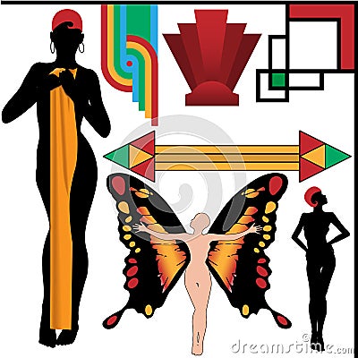 Art Deco People Poses and Design Elements Set Vector Illustration