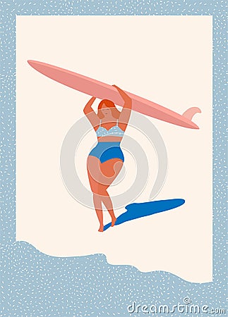 Art deco poster with surfer girl Cartoon Illustration