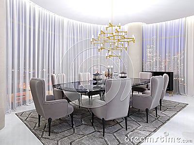 Art deco room for negotiations, with a table and luxurious armchairs for eight people and a large gilded chandelier and large Stock Photo