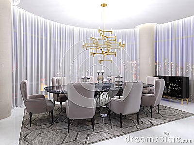 Art deco room for negotiations, with a table and luxurious armchairs for eight people and a large gilded chandelier and large Stock Photo