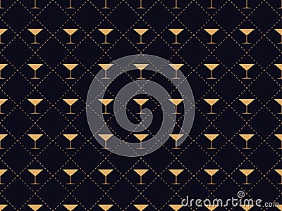 Art deco seamless pattern with a glass of martini. Alcohol cocktail style of the 1920s - 1930s Vector Illustration