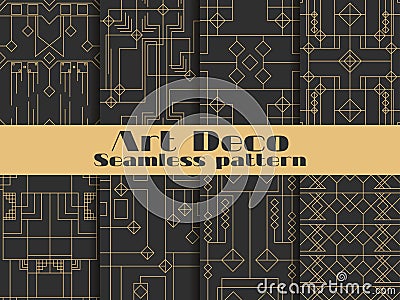 Art deco seamless pattern. Set retro backgrounds, gold and black color. Style 1920`s, 1930`s. Lines and geometric shapes. Vector Vector Illustration