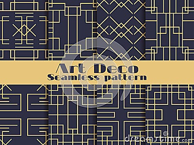 Art deco seamless pattern. Set retro backgrounds, gold and black color. Style 1920`s, 1930`s Vector Illustration