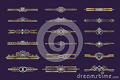 Art deco set. Vintage 1920s golden ornament, nouveau style headers and dividers, retro border element. Vector golden art Vector Illustration