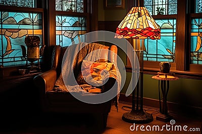 art deco stained glass lamp in cozy corner Stock Photo