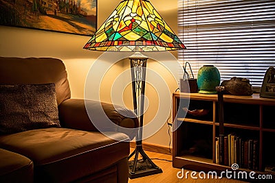 art deco stained glass lamp in cozy corner Stock Photo