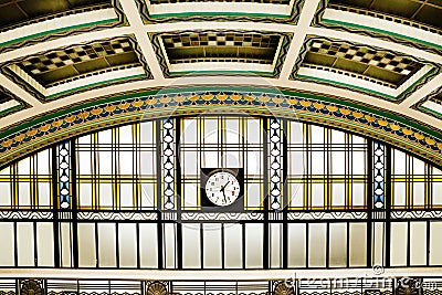 Art Deco Station Interior With Clock Stock Photo