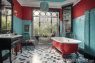 Art Deco-style bathroom with bright, eye-catching retro-look furniture and free-standing bathtub. Stock Photo