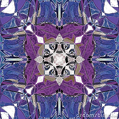 MANDALA ART DECO BLUE AND PURPLE, WITH WHITE CENTER, CELTIC IMAGE IN THE CENTER, ABSTRACT BACKGROUND, BLUE, PURPLE, BROWN, WHITE, Stock Photo