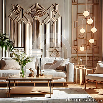 art deco style living room interior with cozy beige couch, modern minimalist design of apartment Stock Photo