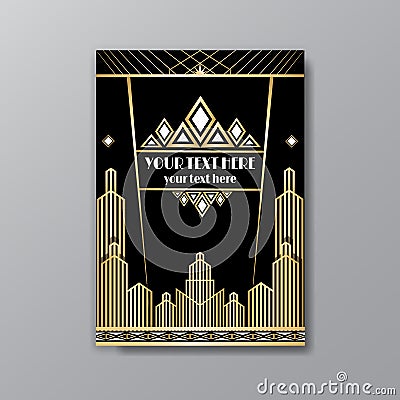 Art Deco template golden-black, A4 page, menu, card, invitation, Sun and city lights in a Art Deco/Art Nuvo style, beautiful Vector Illustration