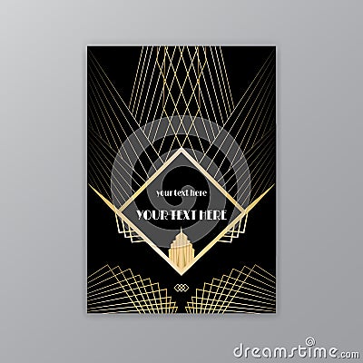 Art Deco template golden-black, A4 page, menu, card, invitation, Sun and city lights in a Art Deco/Art Nuvo style, beautiful Vector Illustration