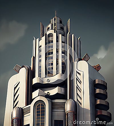 Art Deco Tower, Luxury Building, Ornate Skyscraper, Art Nouveau Architecture, Abstract Generative AI Illustration Stock Photo