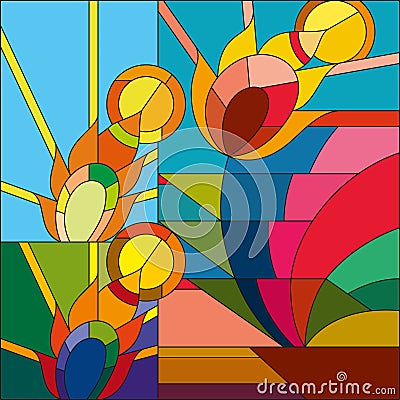 Art deco vector colored geometric flower feather in the sunshine pattern. Art deco stained glass pattern. Vector Illustration