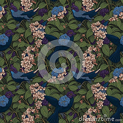Art deco vintage seamless pattern,birds and flowers ornaments Stock Photo