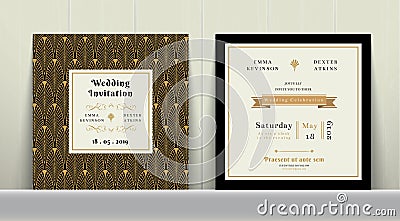 Art Deco Wedding Invitation Card in Gold and Black Colour Vector Illustration