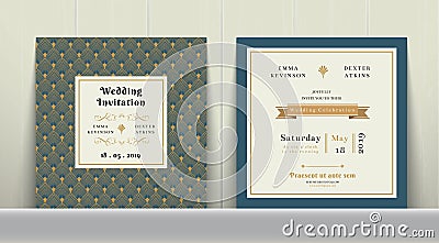 Art Deco Wedding Invitation Card in Gold and Blue Vector Illustration