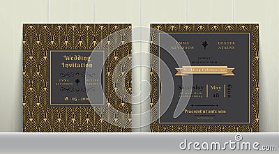 Art Deco Wedding Invitation Card in Gold and Dark Gray Vector Illustration