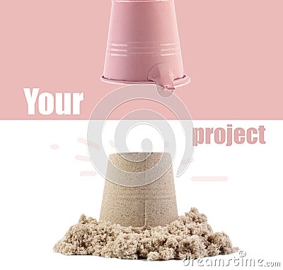 Art design collage pink decorative sand bucket. Empty space for text Stock Photo